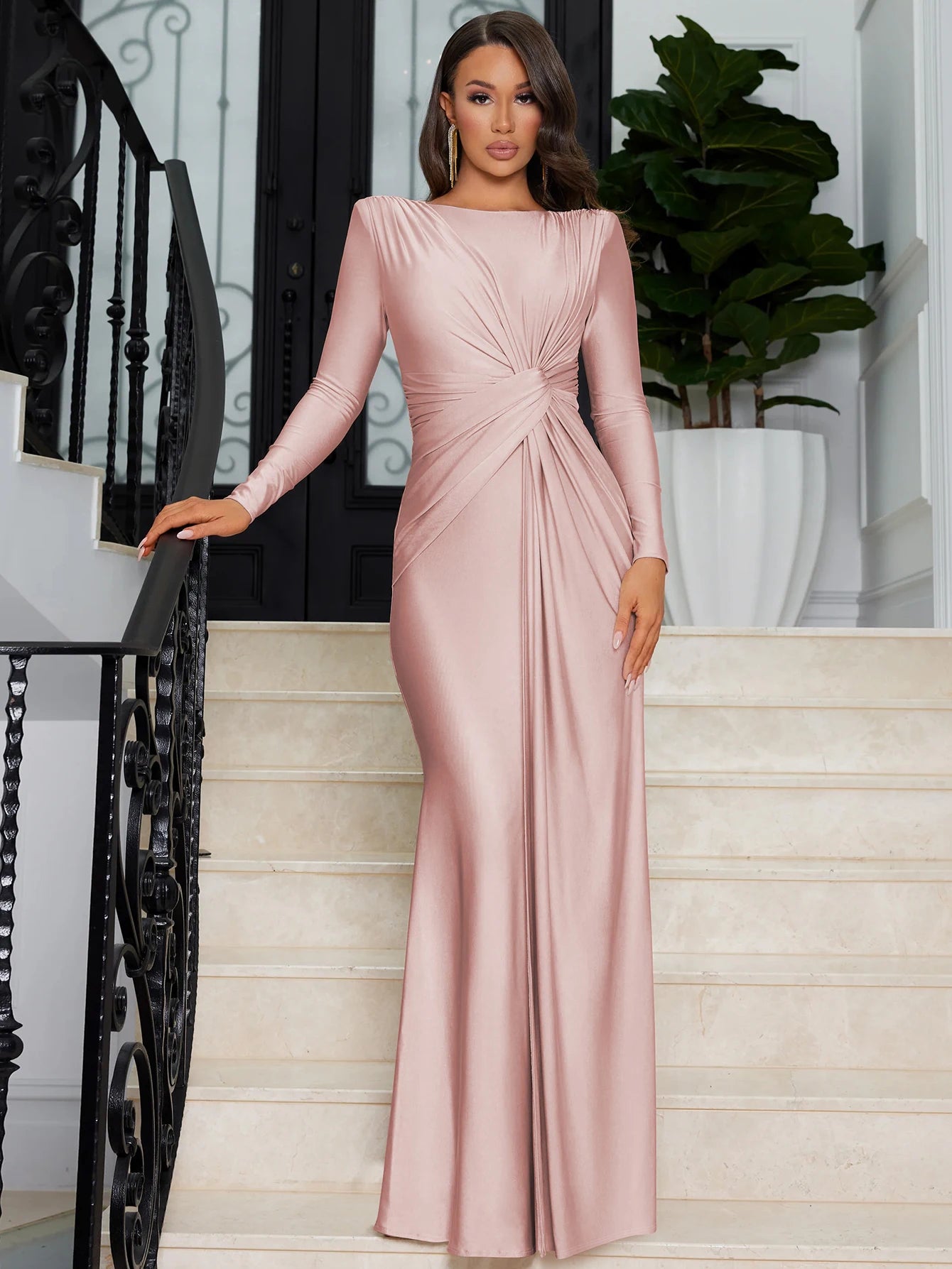 Dulzura Long Sleeves Shoulder Pad Ruched Maxi Dress Solid Elegant Prom Evening Party Long Dress Women’S Autumn Winter Outfit