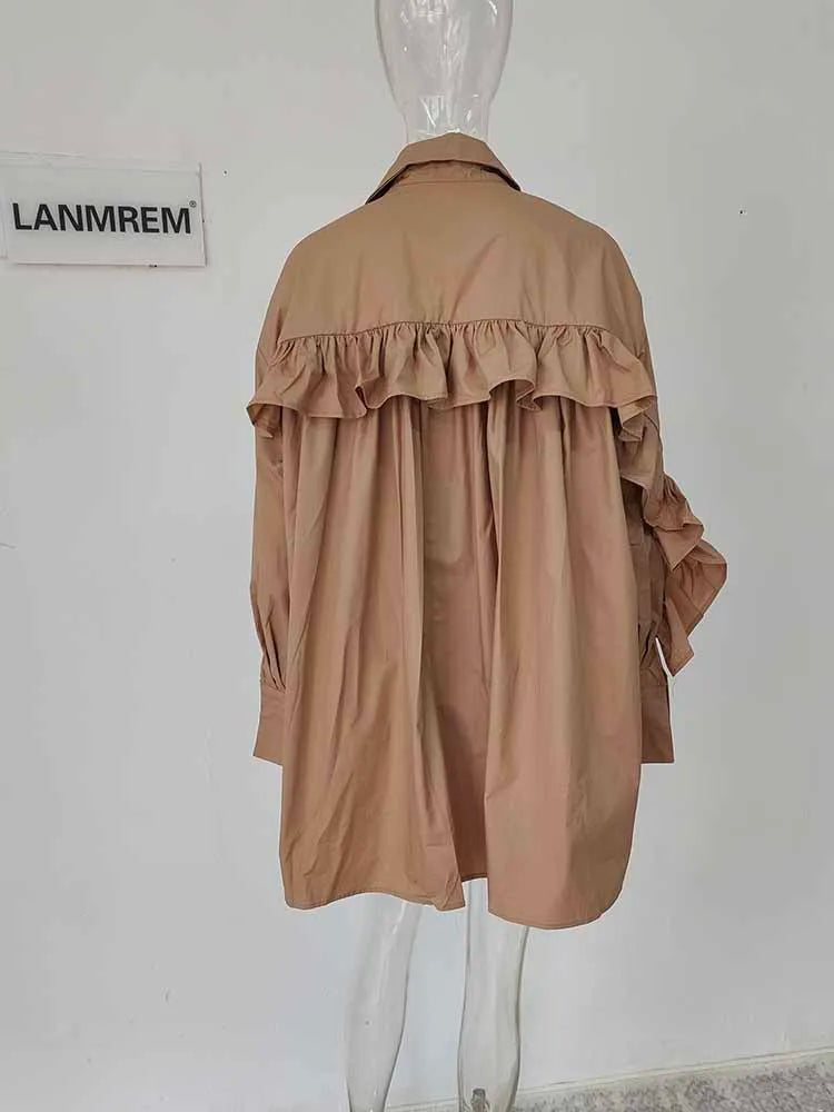 LANMREM Pink Big Size Women's Shirt Fashion Back Ruffles Patchwork Single Breasted Loose Tops 2024 Spring New Clothing 2AA4728