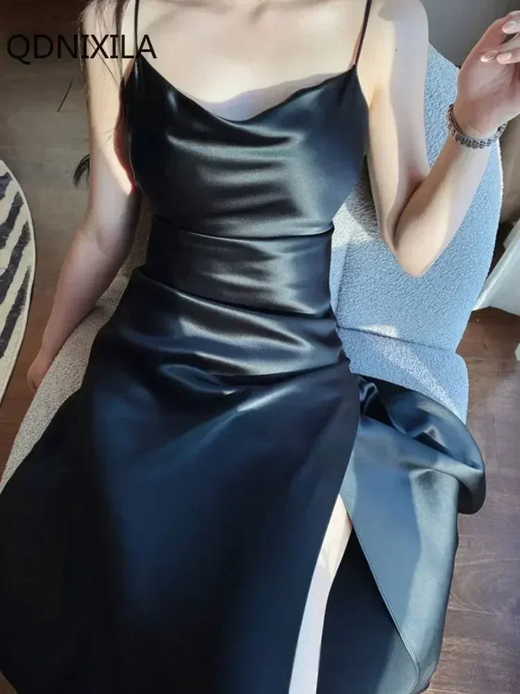 Women's Satin Open Back Dress, Spaghetti Strap, Slim Fit, Monochromatic, Party Dresses, Sensual, Sexy, New,Summer Dress