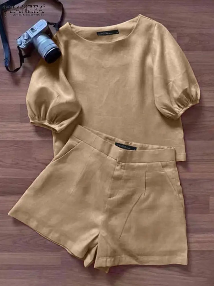 2024 ZANZEA Summer Short Sets Women Vintage Short Sleeve Blouse Pants Suits Fashion Tracksuit Two Piece Sets Womens Outifits