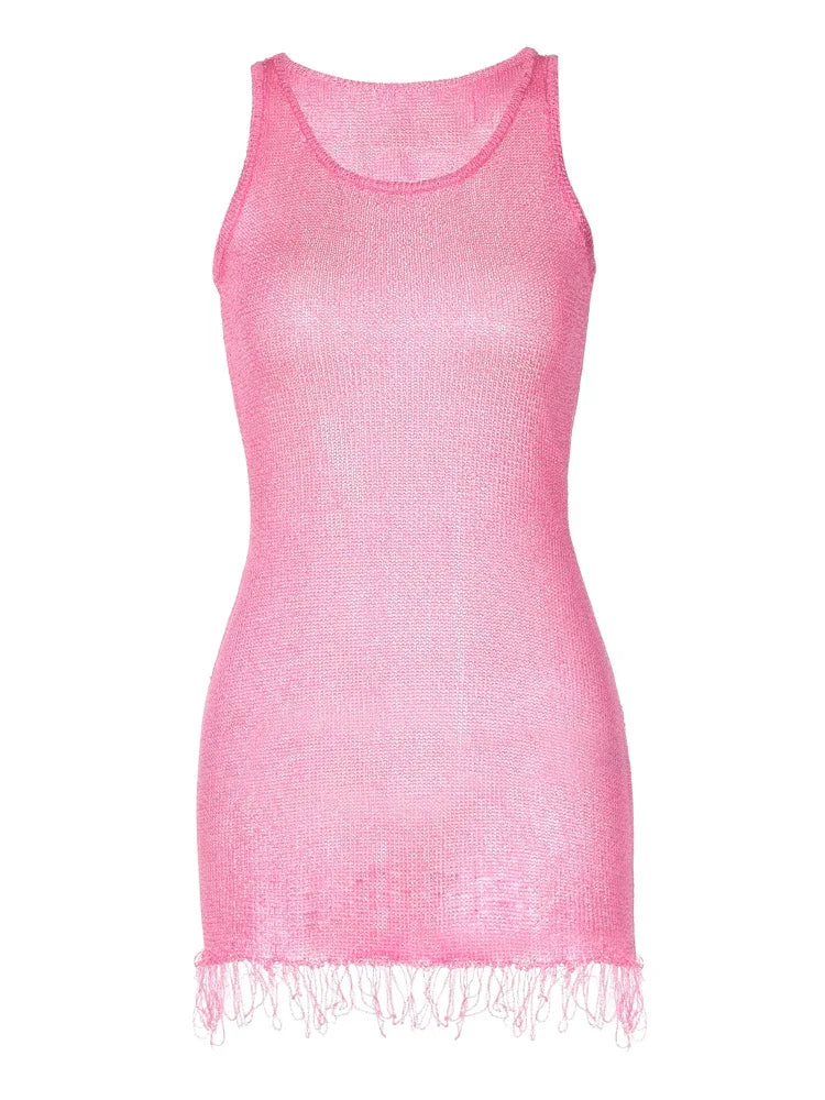 2025 Summer Women's Pink Round Neck Sexy Sleeveless Silm Dress Fashion Knitted Vest Suspenders Vacation Mini Dresses A3164