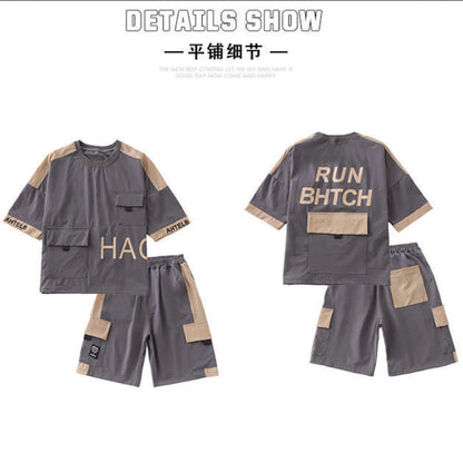 Children Boys Clothes Summer Patchwork T-Shirt & Contrast Colors Shorts 2 Pieces Set Teenage Boy Street Wear Letter Tracksuit