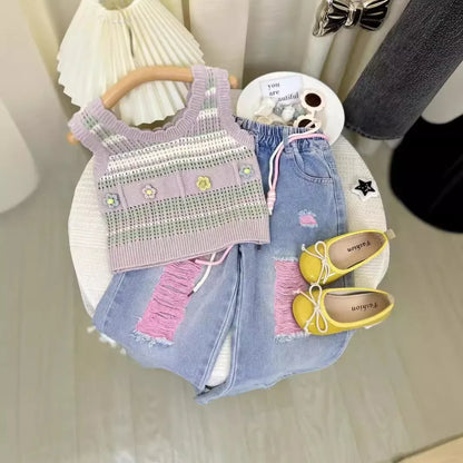 Children's Clothing Sets Three-dimensional Flower Knitted Striped Tank Top + Ripped Jeans Kids Clothes Girls for 3 To 7 Years