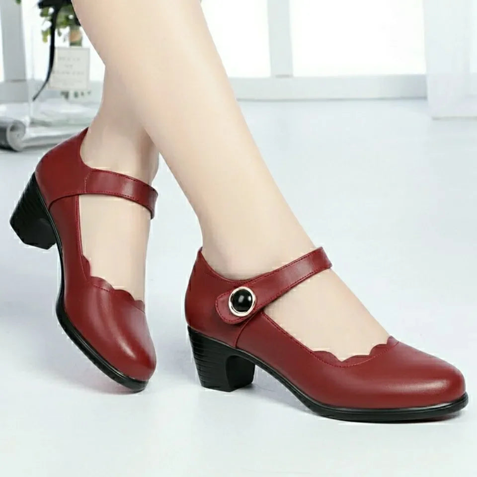 Women Casual Black Patent Leather Buckle Strap High Quality Shoes Lady Fashion Spring & Summer Red Comfort Heel Pumps A02