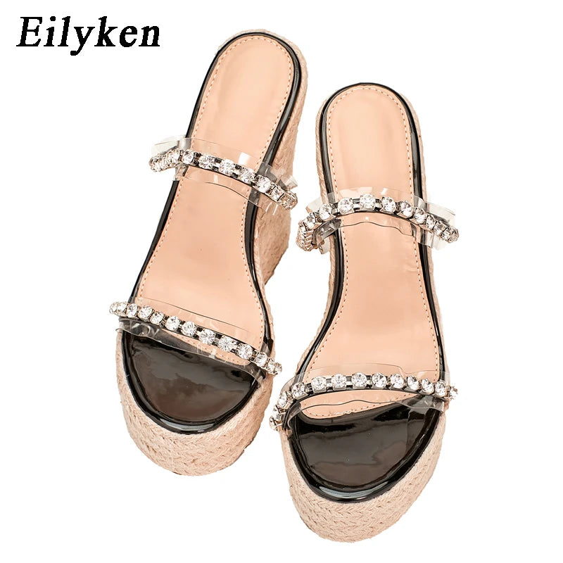 Eilyken 2025 New CRYSTAL Platform Wedges Slippers Summer Peep Toe Shoes Woman Sexy Super High Mules Female Sandals