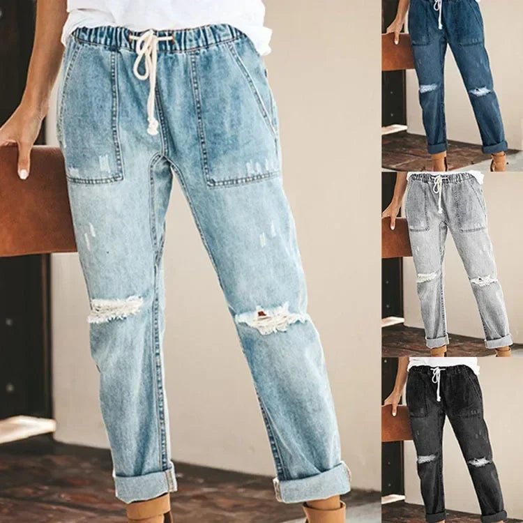 New 2022 Summer Sexy temperament European and American denim straight leg pants with elastic oversized women's jeans ripped