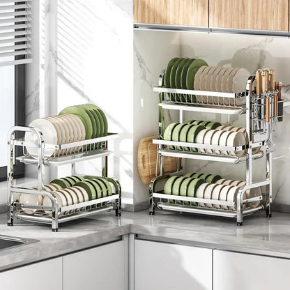 Dish Drying Rack Bowl Racks Large Rust-proof Dish Drainer with Utensil Holder Multi Layer Kitchen Utensil Storage Drainboard Set