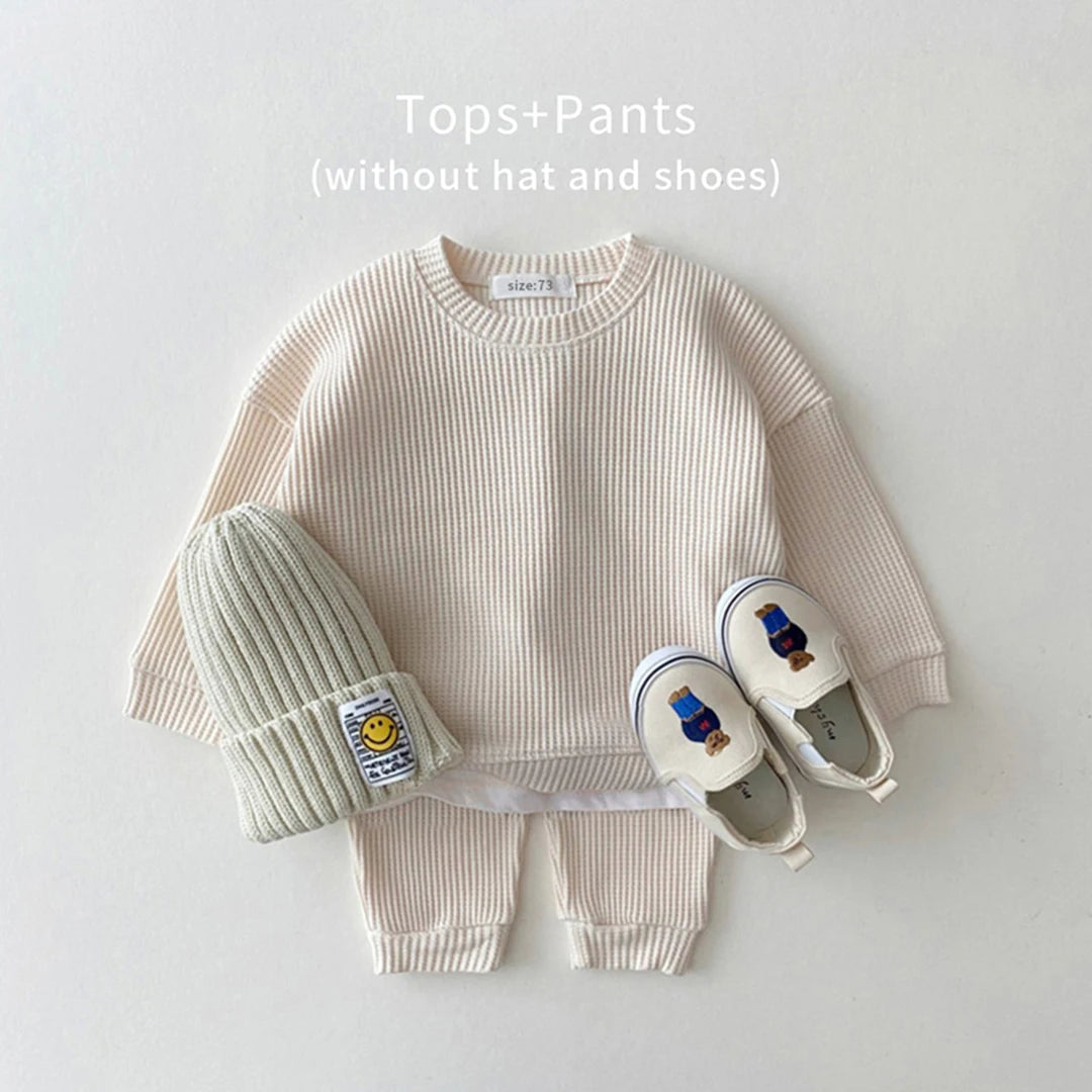 2023 Korea Toddler Baby Clothing Sets For Infant Baby Boys Clothes Set Mock Two-piece Waffle Cotton Sweatshirt+Pants 2pcs Outfit