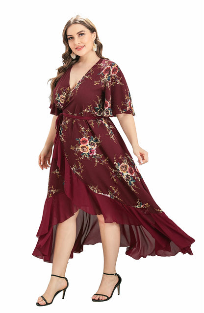 Plus Size Floral Print Maxi Long Bohemian Wrap Dresses For Women