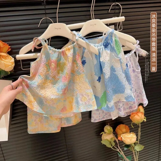 Girl's Clothing Sets 2024 Summer Fashion Girl Set Children Pastoral Floral Print Strap with Oil Painting Style Fresh Set