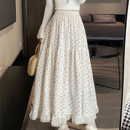 2024 New White Floral Skirt with High Waist Mid Length Design for Spring and Summer Niche Long Skirt Irregular Fairy Skirt