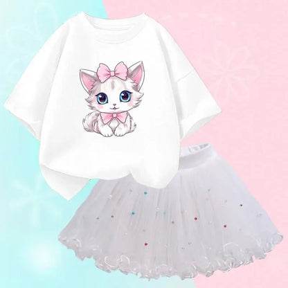 Cute Summer Girls Outfits Cartoon Cat T-shirt and Tutu Skirt 2pc/Set Girl Princess Clothes Suit Children Birthday Clothing