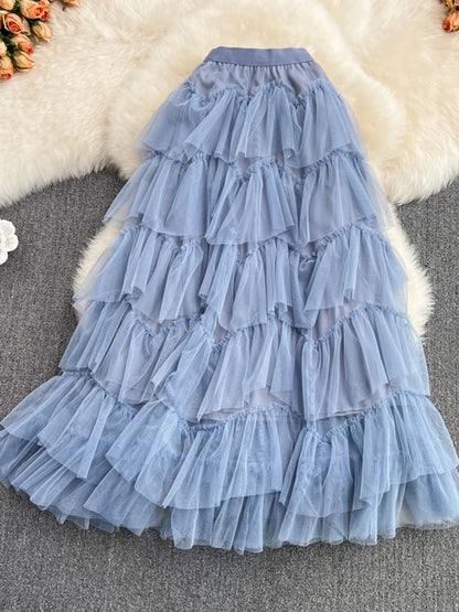 TIGENA Tutu Tulle Long Skirts Womens 2023 Autumn Korean Solid A Line High Waist Mesh Tiered Maxi Skirt Female Faldas Aesthetic