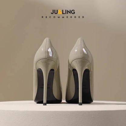 Pointed-toe High Heels Women's New Gray Temperament with Skirt Stiletto Heel Professional Commuting Patent Leather Pumps