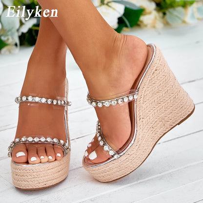 Eilyken 2025 New CRYSTAL Platform Wedges Slippers Summer Peep Toe Shoes Woman Sexy Super High Mules Female Sandals