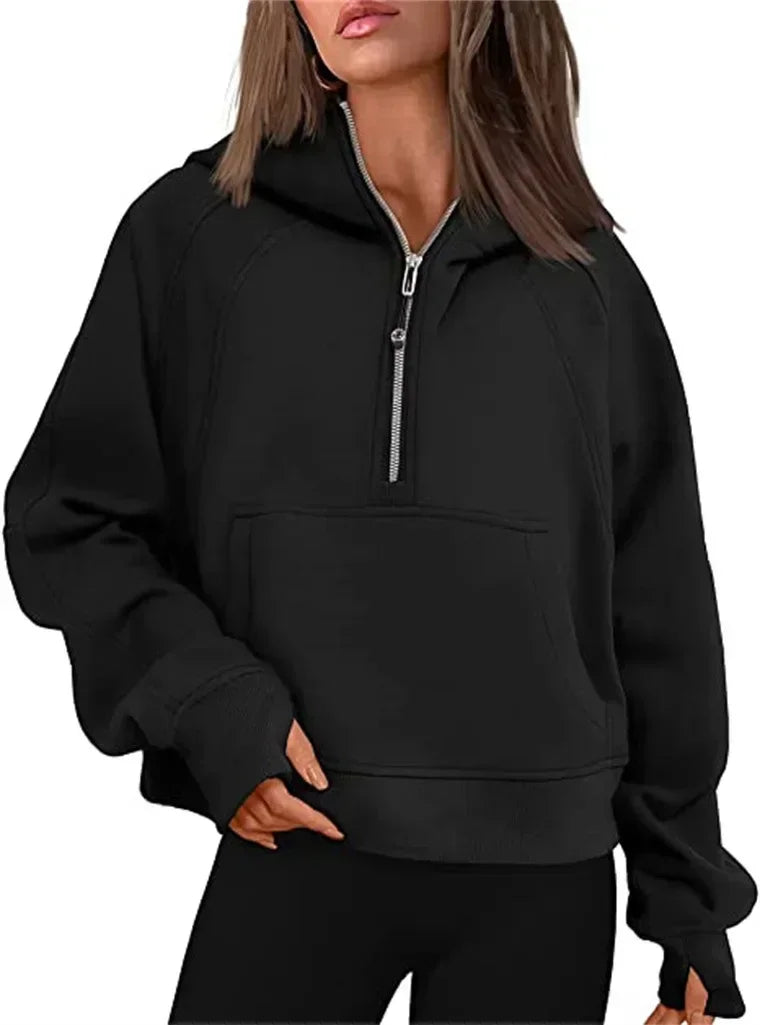 Autumn/winter Womens Sport Half Zip Hoodie Sweatshirt Loose Cropped Fleece Hoodies Women