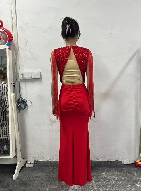 Woman Sexy High Waist Evening Dresses Fashion Women's Clothes Rhinestone Cold Shoulder Slit Ruched Elegant Party Dress for Women