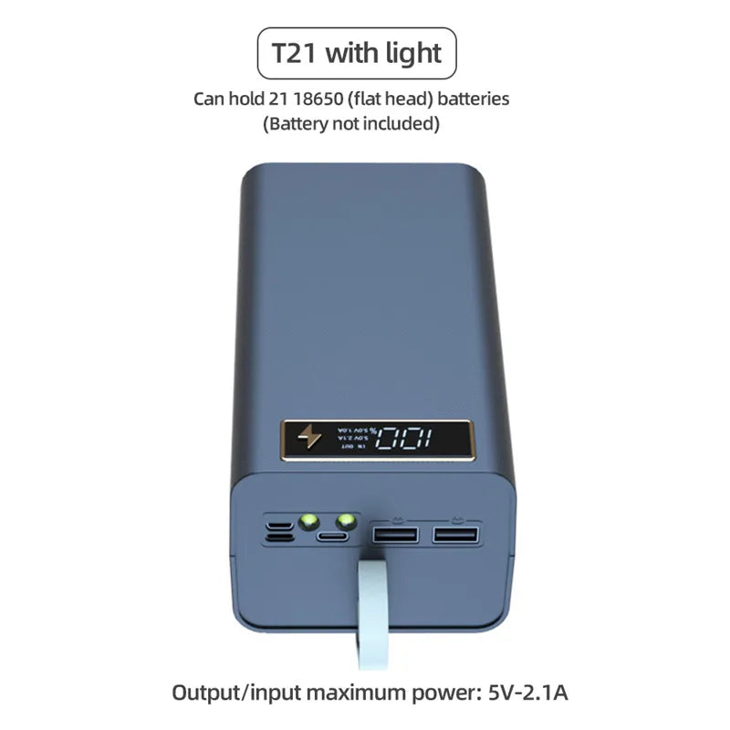 T21 Battery Storage Box 21*18650 with Flashlight Power Bank Case Battery Holder Box Dual USB 18650 Battery DIY Shell Storage