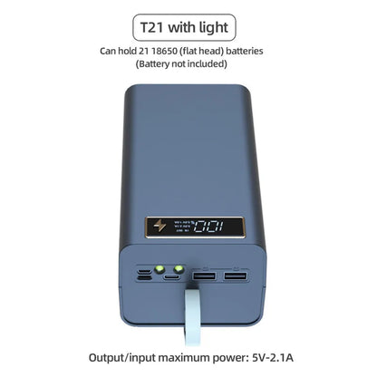 T21 Battery Storage Box 21*18650 with Flashlight Power Bank Case Battery Holder Box Dual USB 18650 Battery DIY Shell Storage