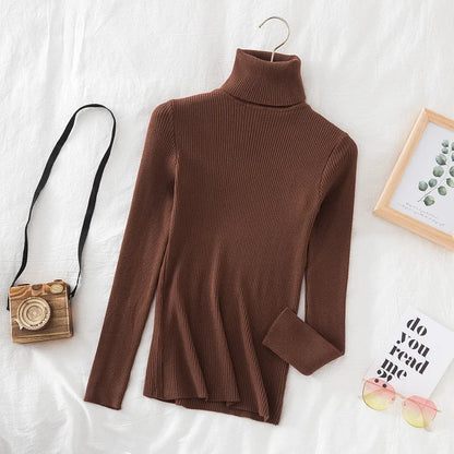 Autumn Winter Turtleneck Women Pullover Sweater Basic Solid Slim Fit Stretch Soft Ribbed Knitted Top Casual Woman Sweaters