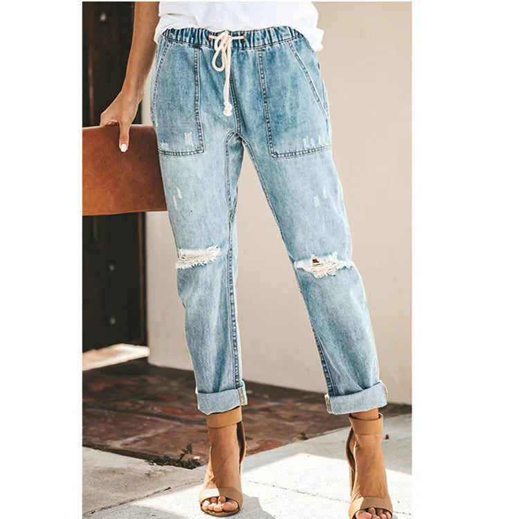 New 2022 Summer Sexy temperament European and American denim straight leg pants with elastic oversized women's jeans ripped