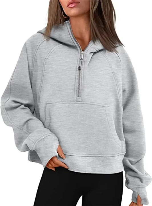 Autumn/winter Womens Sport Half Zip Hoodie Sweatshirt Loose Cropped Fleece Hoodies Women