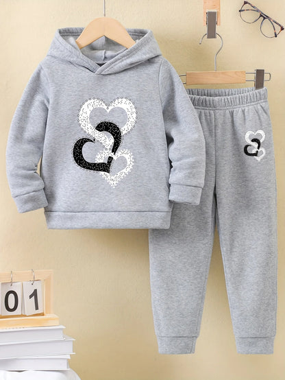 2set Girls Autumn and winter cute sweet casual fashion love pattern printed warm plus fleece hoodie and tracksuit pants