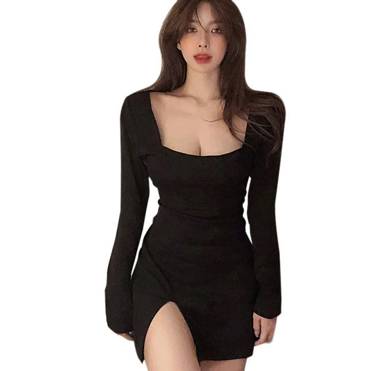 Women's Square Neck Long Sleeve Dress Cotton Waist Slim Split Hip Dress Fashion Short Bottom Dresses