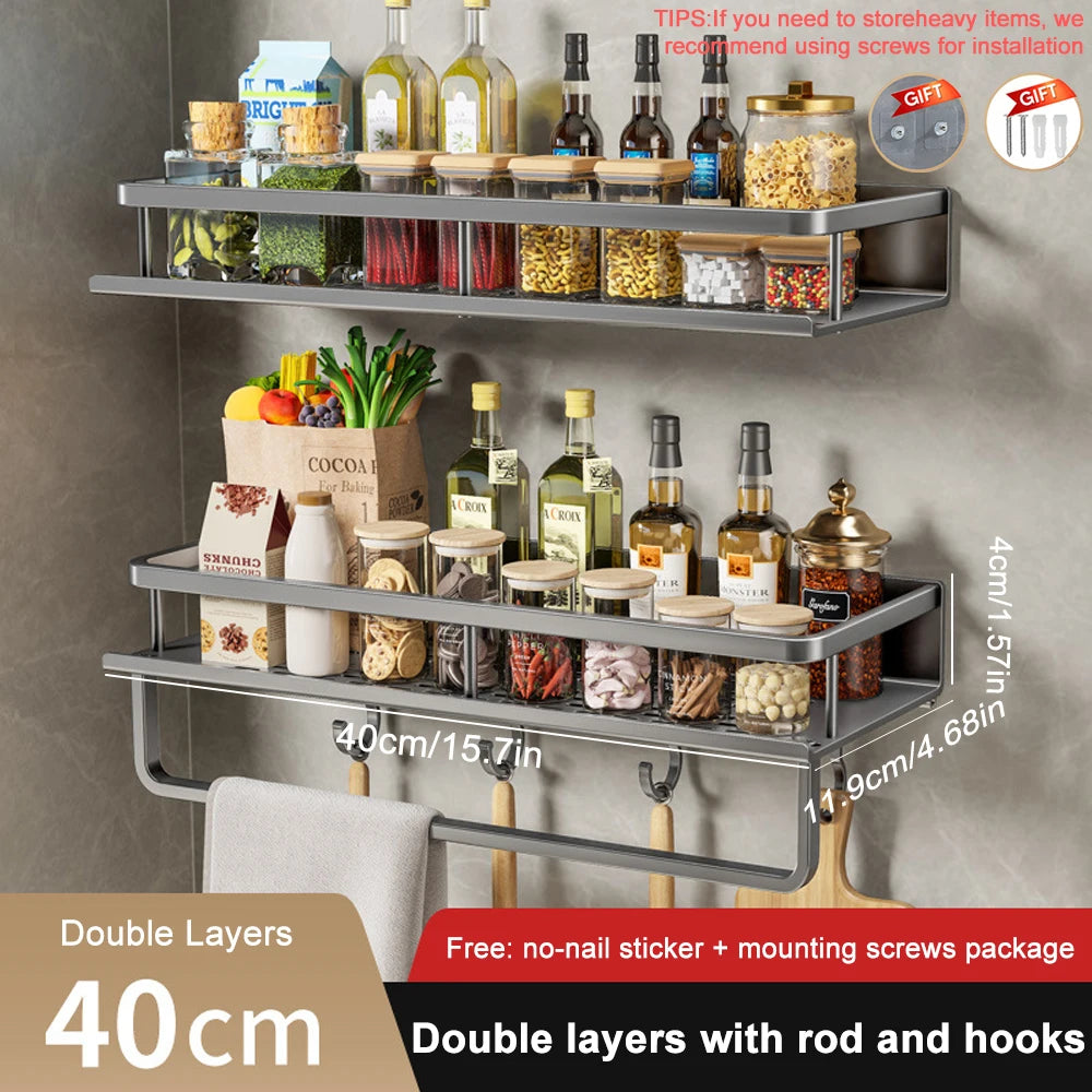 1/2PCS Wall Mounted Spice Rack No Drilling Kitchen Spice Organizer with Hook Spice Storage Rack Bathroom Kitchen Storage Shelf