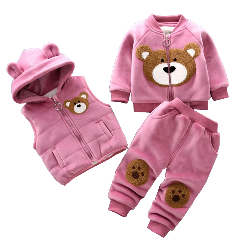 Winter Warm Velvet Plush Hooded Vest+Sweater+Pants 3Pcs Suit Cartoon Bear Kids Toddler Set Boys Girls Autumn Casual Clothes New