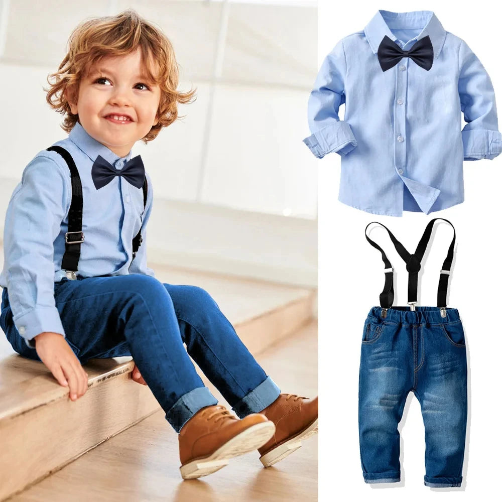 Spring Autumn Gentleman Outfit 1 2 3 4 5 6 7Years Boy Solid Long Sleeve Shirt with Denim Jeans Set Kid Children Birthday Clothes