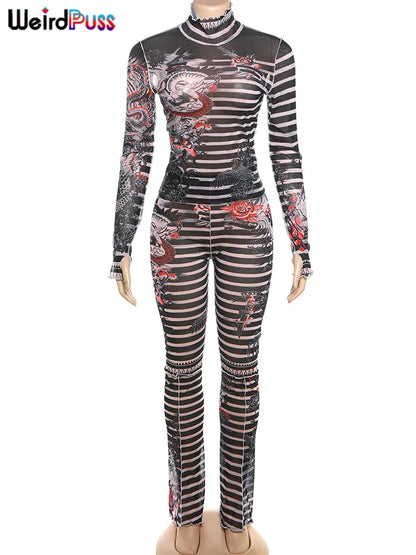 Weird Puss Aesthetic Print Sexy Women 2 Piece Set See Through Midnight Spring Turtleneck Crop Tops+Pants Stretch Skinny Clubwear