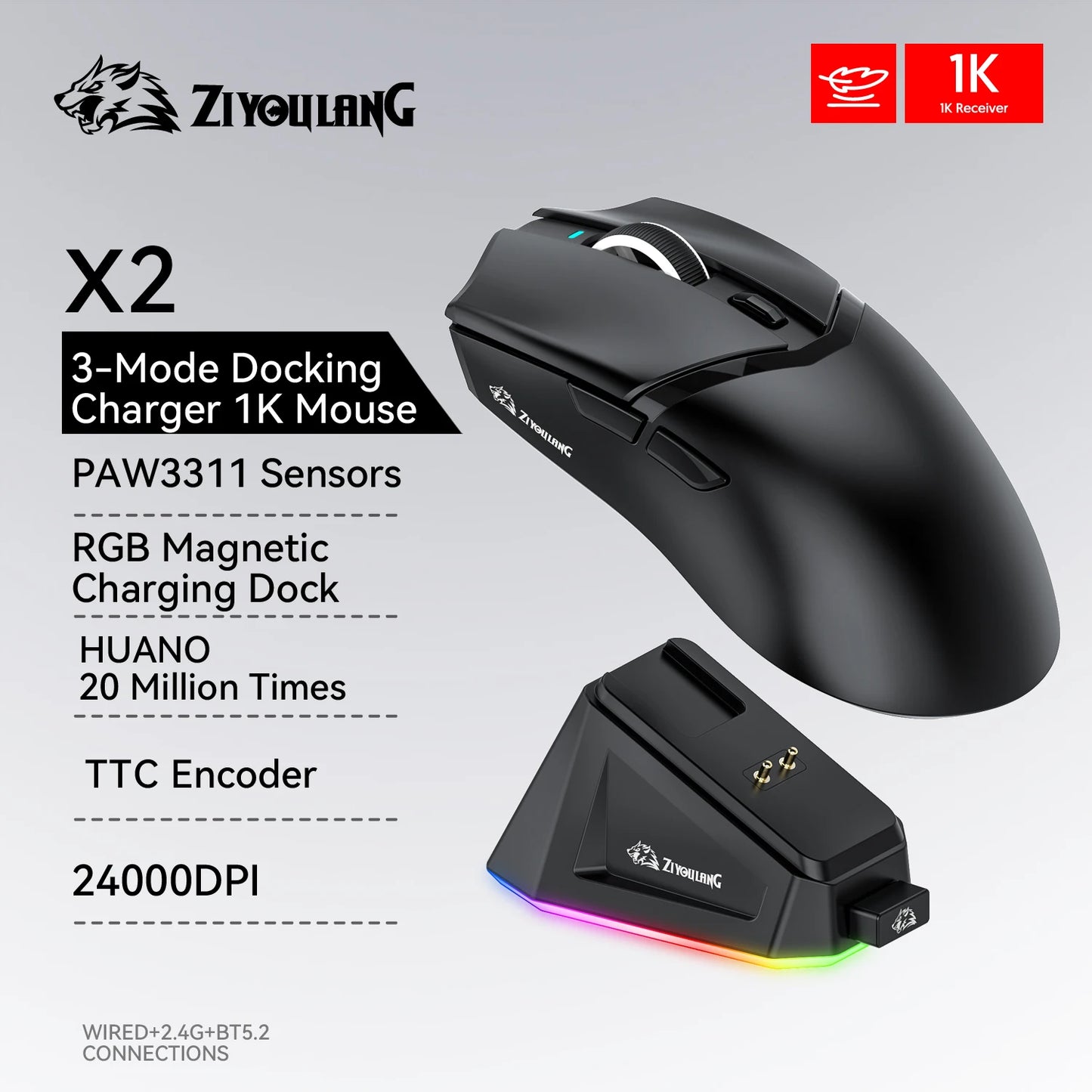 X2  wireless Mouse, 24000DPI PAW3311  2.4G/BT/Wired Ultra-light Magnetic Charging Dock  Gaming Mouse