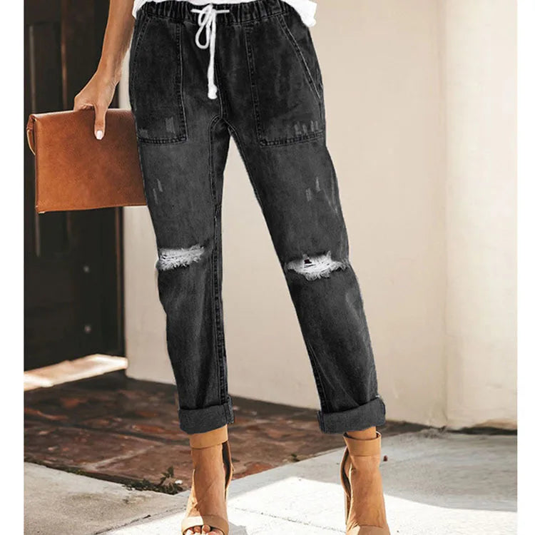 New 2022 Summer Sexy temperament European and American denim straight leg pants with elastic oversized women's jeans ripped