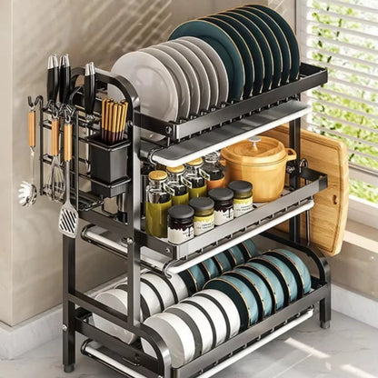 Dish Drying Rack Bowl Racks Large Rust-proof Dish Drainer with Utensil Holder Multi Layer Kitchen Utensil Storage Drainboard Set