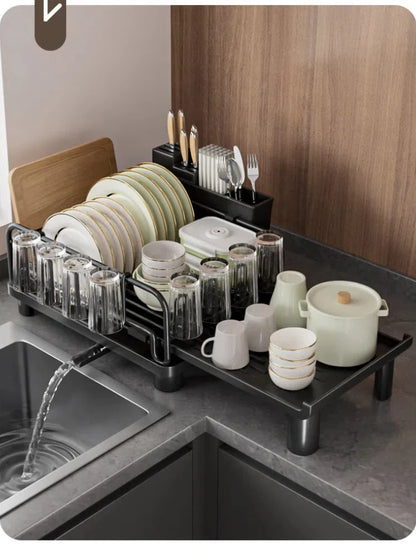 Dishes Drying Rack Adjustable Kitchen Bowl Plates Organizer With Drainboard Countertop Dinnerware Storage Shelf Sink Holder