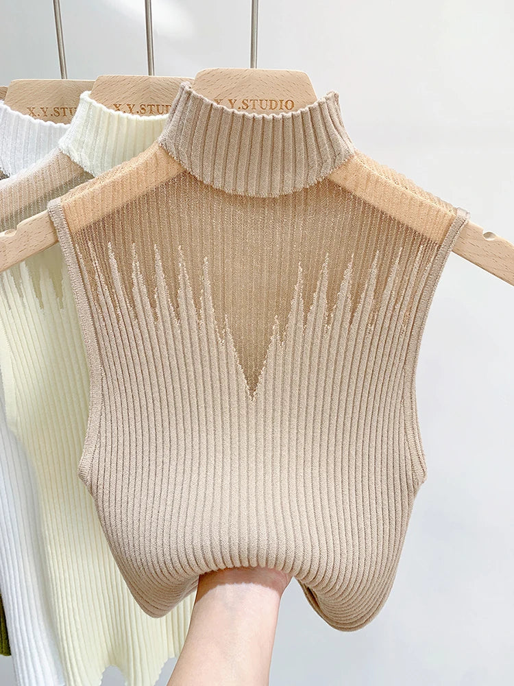 Mesh Knitted Top Women Y2K Tank Top Half Neck Vest Female Sleeveless Sweater Chic Cut Out Streetwear Solid Skinny White Tube Top