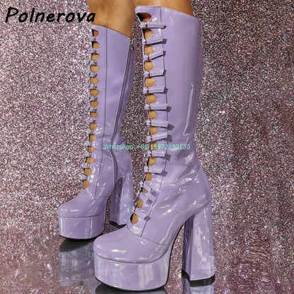 Solid Platform Boots Women's Shoes Chunky Heel Stylish Multi Buckle Straps Roman Shoes Ladies Sexy Hollow Rock Style High Boots