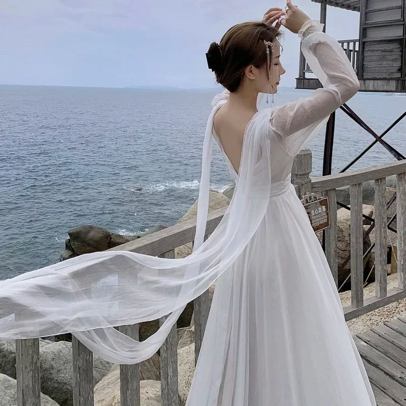 YOSIMI-White Chiffon Long Dress for Women, V-neck Fit and Flare, Backless Floor Length, Long Sleeve, Red Beach Dresses, Summer