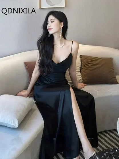 Women's Satin Open Back Dress, Spaghetti Strap, Slim Fit, Monochromatic, Party Dresses, Sensual, Sexy, New,Summer Dress