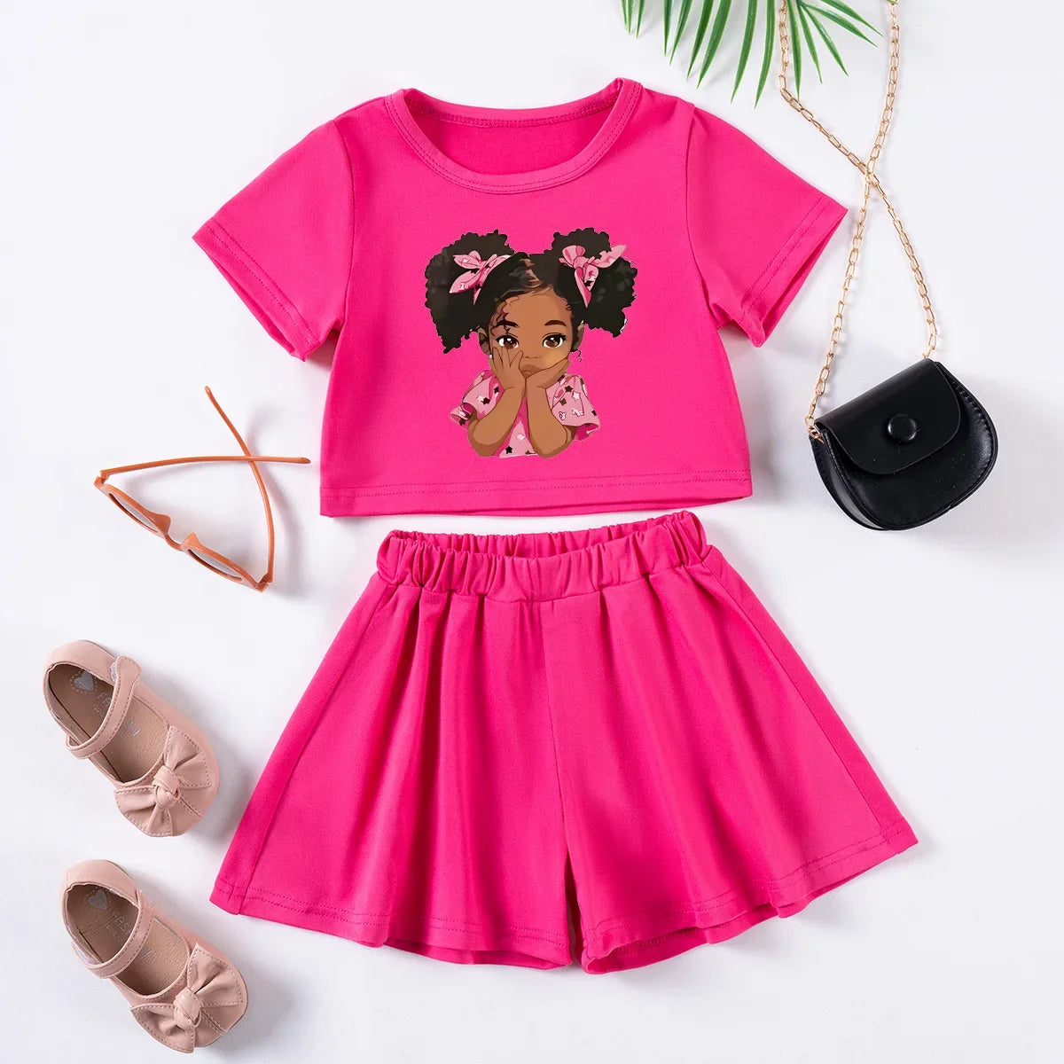 Summer Girls Cartoon Printed Set Toddler Girls Cute Printed Short Sleeve Shorts Two Piece Comfortable Fashion Set