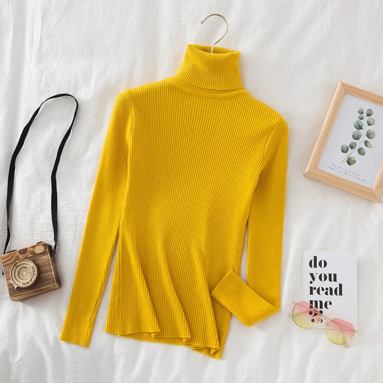 Autumn Winter Turtleneck Women Pullover Sweater Basic Solid Slim Fit Stretch Soft Ribbed Knitted Top Casual Woman Sweaters