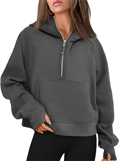 Autumn/winter Womens Sport Half Zip Hoodie Sweatshirt Loose Cropped Fleece Hoodies Women