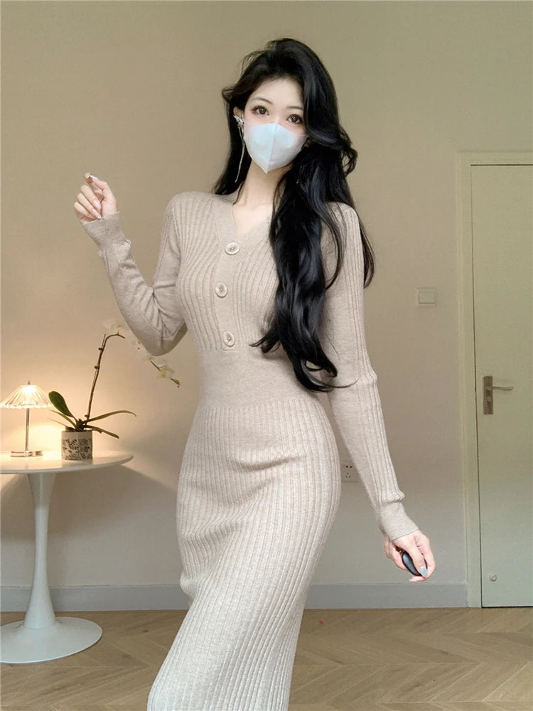 Vintage Knitted Sweater Long Sleeve Midi Dresses for Women Slim Korean Elegant Green Button V Neck Bodycon Dress Autumn 2023 New