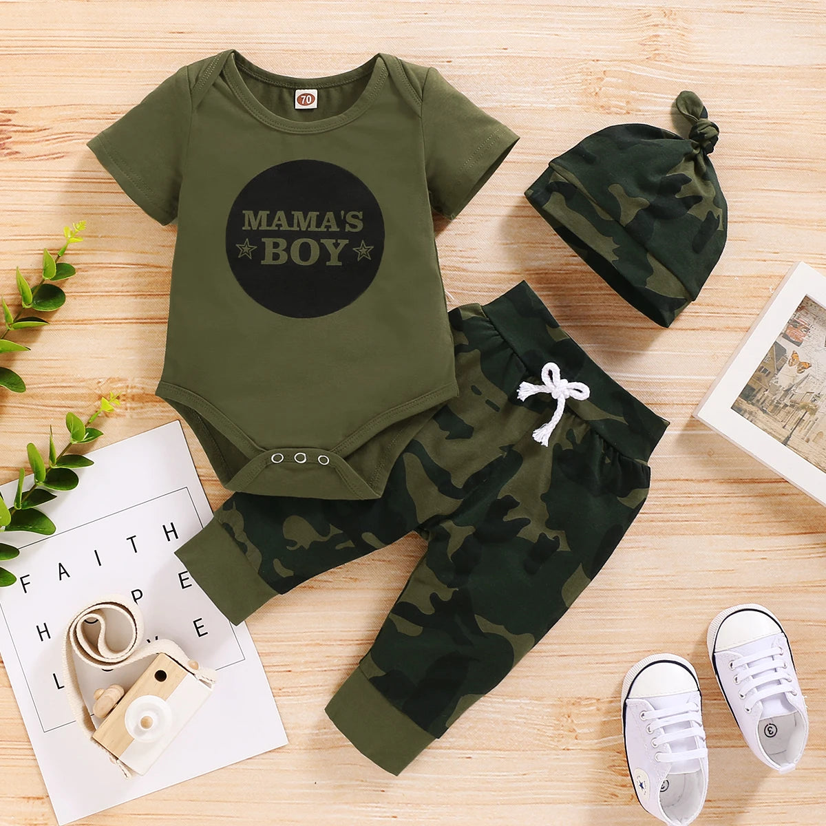 Newborn Baby Boy Summer Clothes Set Letters Short Sleeve Romper +Camouflage Pants+Hat 3pcs Outfits for Toddler Boy 0-18 Months