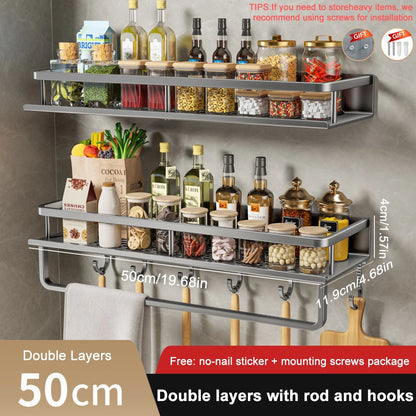 1/2PCS Wall Mounted Spice Rack No Drilling Kitchen Spice Organizer with Hook Spice Storage Rack Bathroom Kitchen Storage Shelf