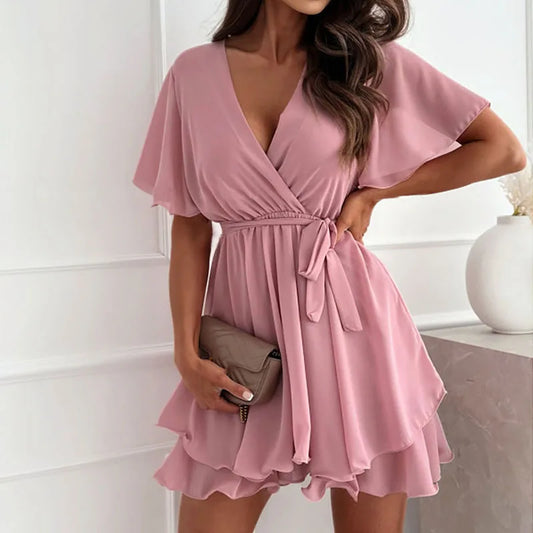 Sexy V Neck Lace Up Waist Mini Dress New Women Elegant Summer Short Sleeved Solid Party Dress 2024 Fashion Pleated Ruffle Dress