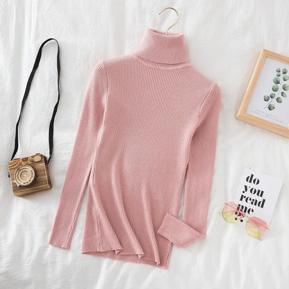 Autumn Winter Turtleneck Women Pullover Sweater Basic Solid Slim Fit Stretch Soft Ribbed Knitted Top Casual Woman Sweaters