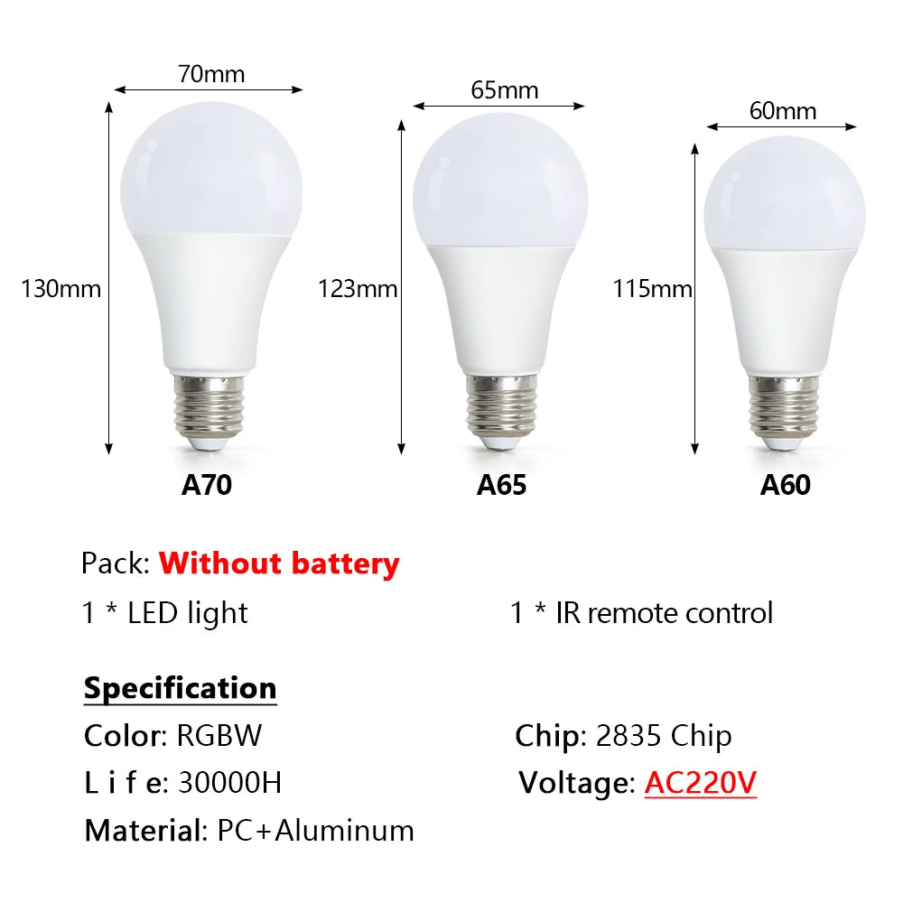 LED Light Bulbs AC 220V E27 RGB Bombillas LED Lamp IR Remote Control Changeable Colorful RGB White Ampoules Spotlight Led Bulb