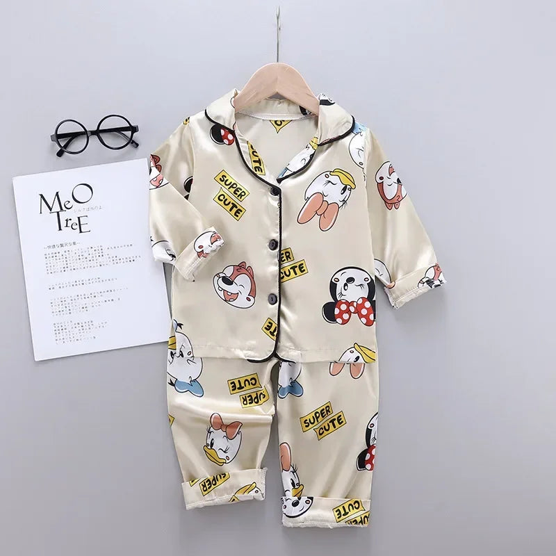 Disney Mickey Mouse Children Pajamas Suit Silk Satin Long Sleeve Top+Trousers 2Pcs Baby Boys Girls Cartoon Satin Set Nightgown